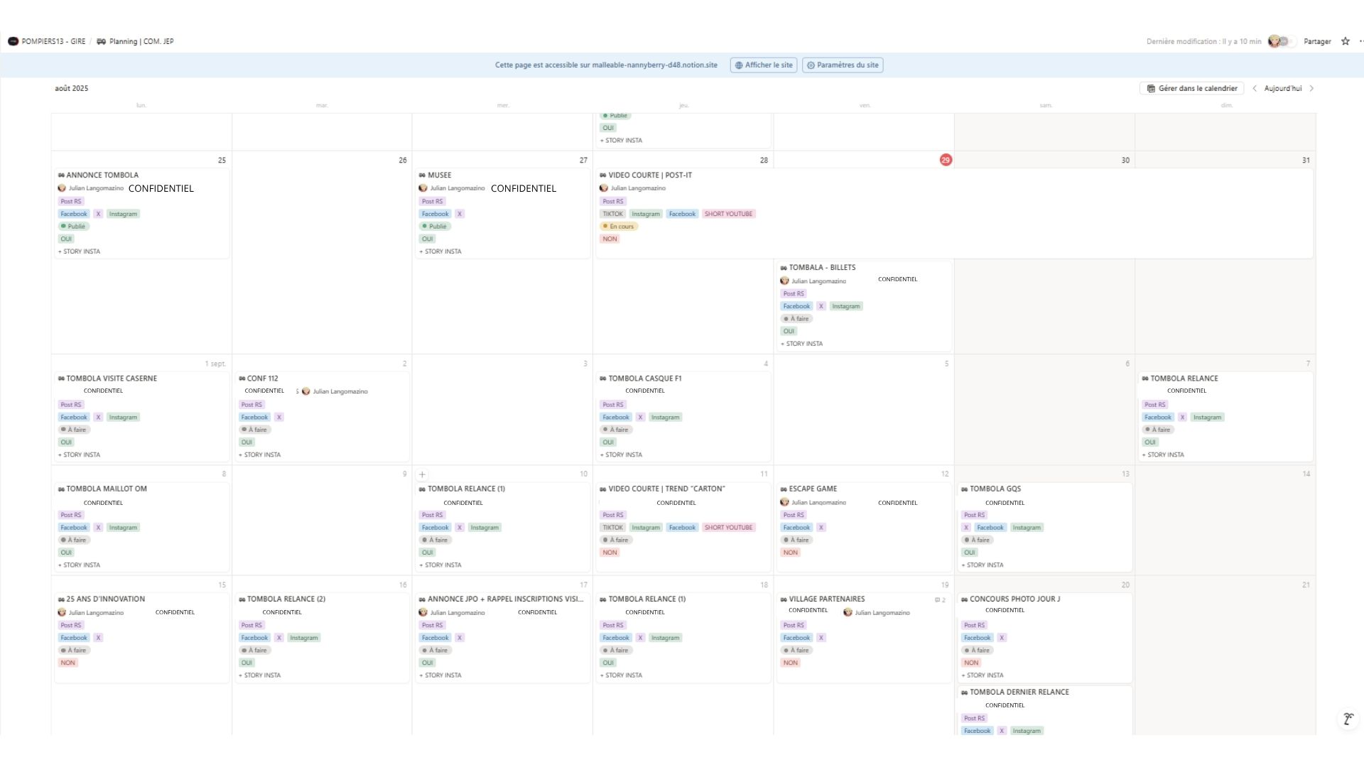 Tableau de gestion de la communication JEP sur Notion